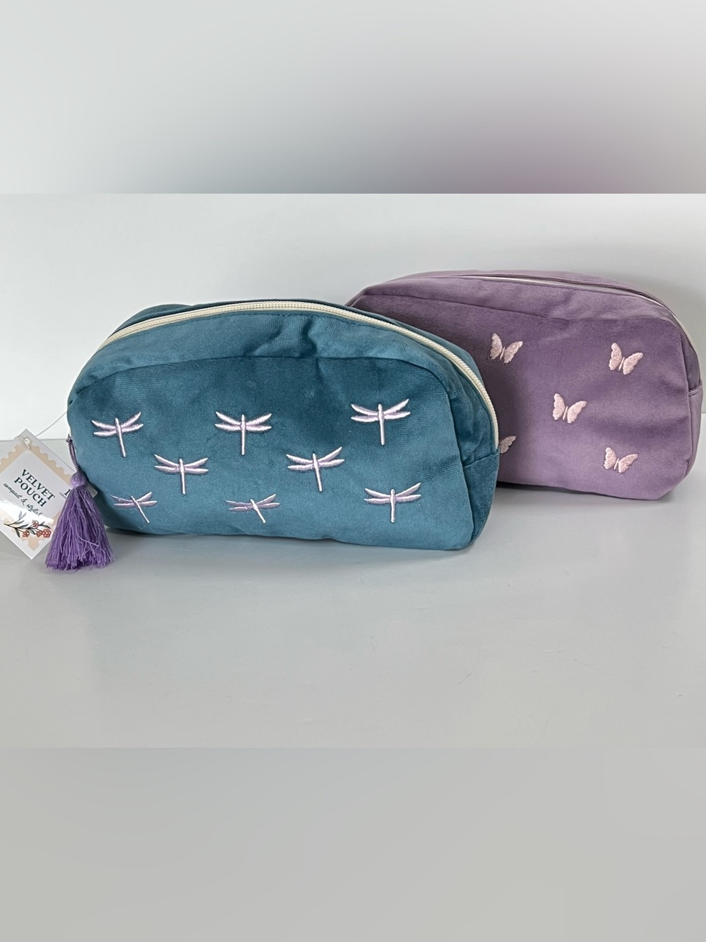 No Brand Fashion 2 Velvet Cosmetic Pouch Bags Dragonfly & Butterfly Print NWT